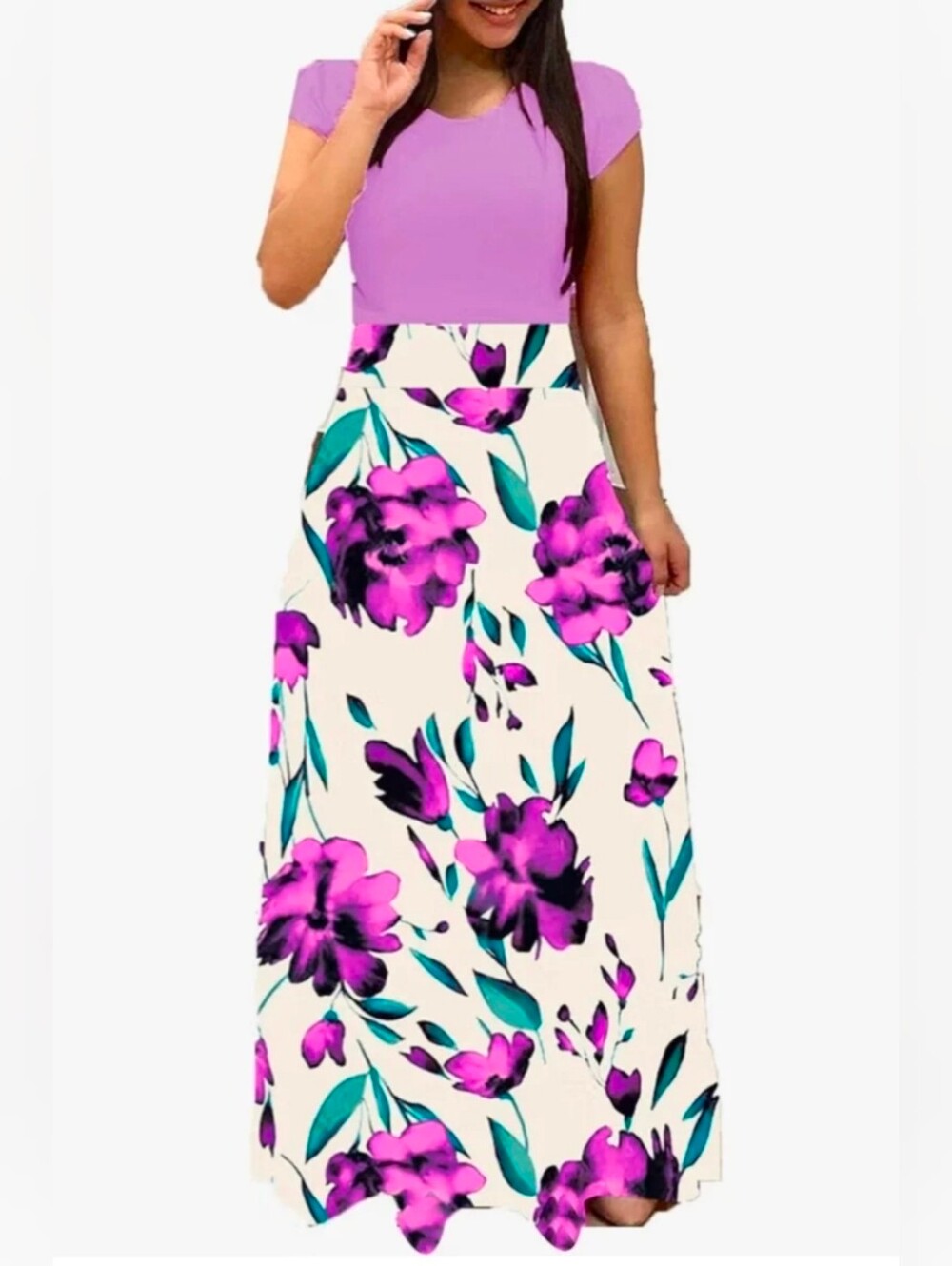 Womens Round Neck Short Sleeve High Waist Long Floral Purple Maxi Dress Flowers